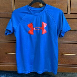 Under Armour Boys Cobalt Blue Performance Shirt Red Logo Youth Large